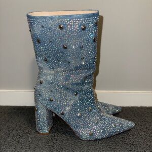 Sparkling Blue Rhinestone Heeled Boots